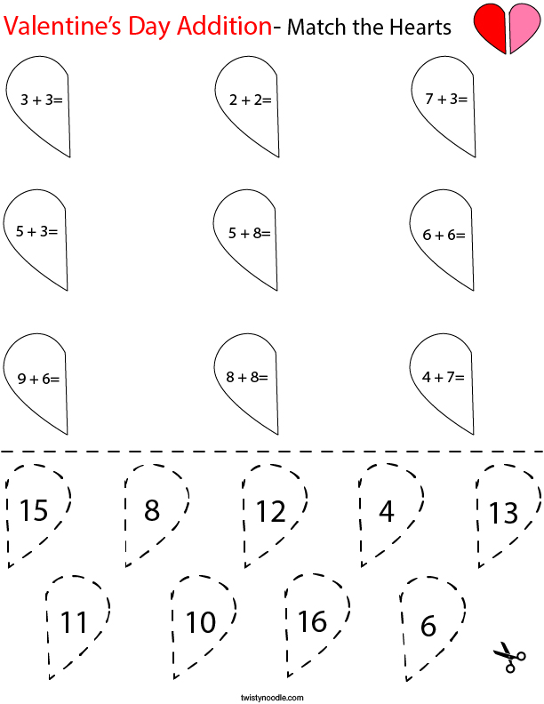 Valentine s Day Addition Match The Hearts Math Worksheet Twisty Noodle